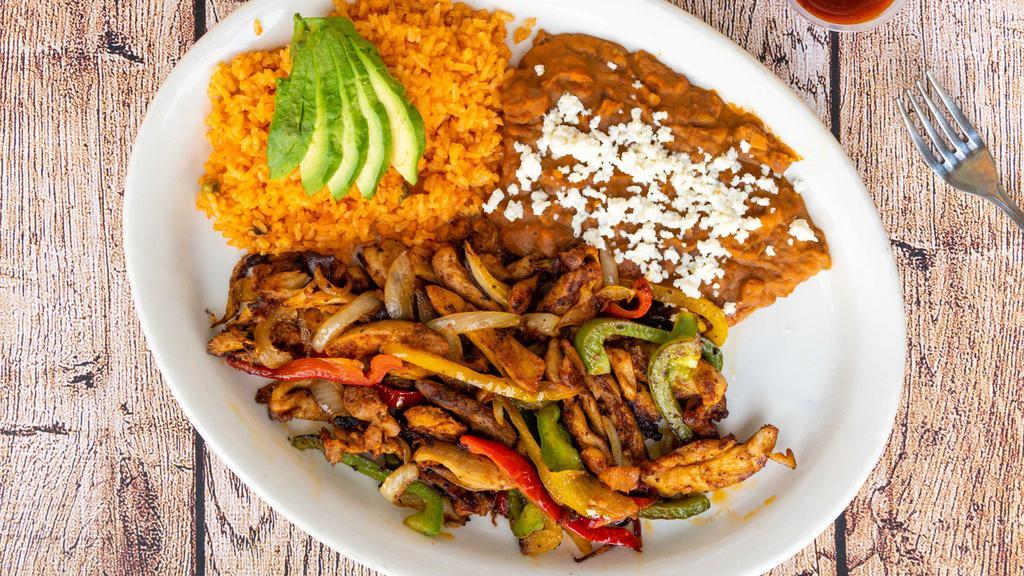 Fajitas de Pollo and Res Plato · Served with rice, beans, and tortillas. Beef or Chicken grilled with bell peppers and onions.