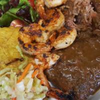 The Jerk Combo ( what a meal !) · grilled, shrimp, grilled jerk chicken, fried plantains, rice and beans, pikliz , salad ( Tas...