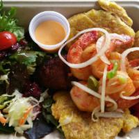 Calypso Prawns(9) ( juicy and tasty ) · grilled shrimp in a lemon citrus sauce very tender, with sweet plantains, rice , salad, pikliz