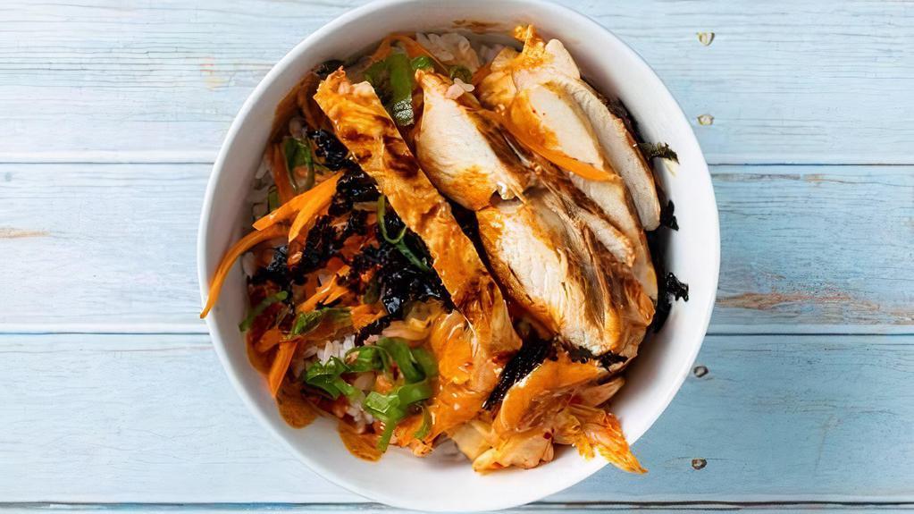 BBQ Chicken · Korean BBQ chicken and kimchi served with your choice of rice (white, brown, cauliflower), pickled carrots, kimchi, seasoned seaweed, green onions and a squirt of spicy Gochujang sauce
