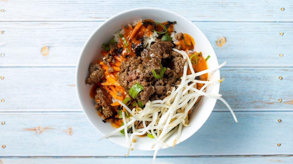 The Impossible Dream · Impossible beef sweet and spicy with green onion and mung bean sprouts served with your choice of rice (white, brown, cauliflower), pickled carrots, kimchi, seasoned seaweed, green onions and a squirt of spicy Gochujang sauce