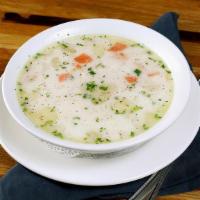 Avgolemeno Soup · Traditional Greek soup with Chicken, Eggs, Yogurt, Lemon Juice & Rice