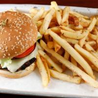 Lamb Burger With Fries · Lamb petty topped with hummus, mozzarella cheese, fresh chopped salad on a toasted bun. Serv...