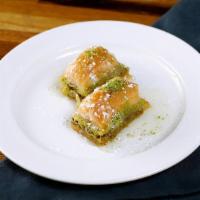 Double Pistachio Baklava  · Layers of phyllo dough stuffed with crushed pistachios, butter & simple syrup (2 pc.)