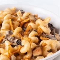 Truffle Shuffle (Vegetarian) · Truffly, mushroomy, cheesy. Cavatappi pasta mixed with truffle roasted mushroom, queso blanc...