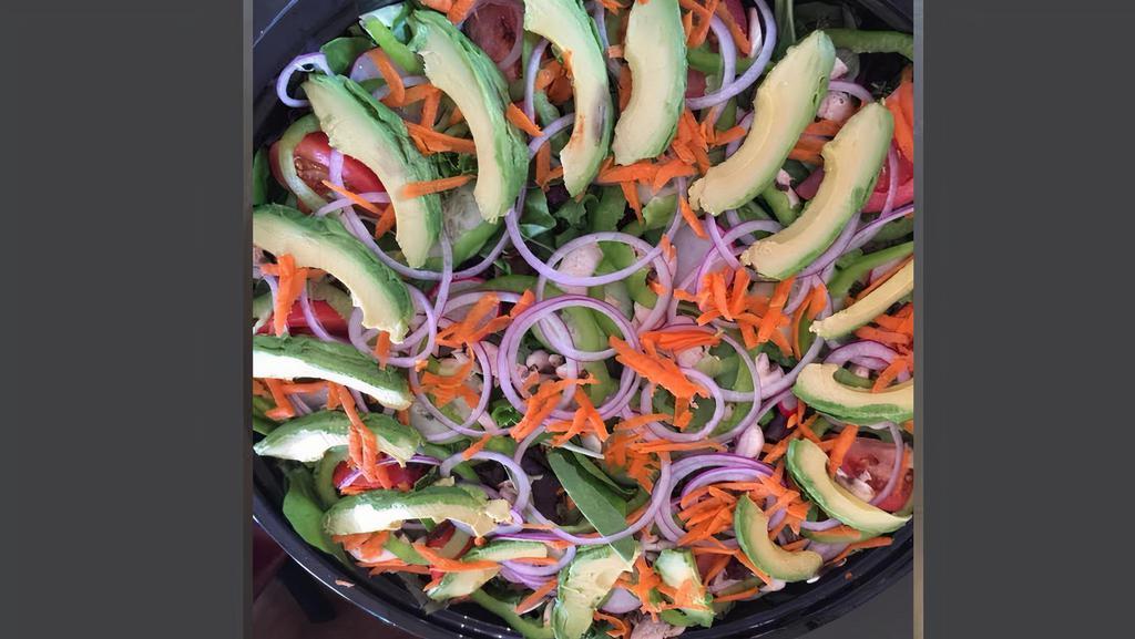 Fresh Garden Salad · Spring Mix with Carrots, Mushrooms, Tomatoes, Cucumbers. Radishes, Red Onions, Bell Peppers, and Avocados