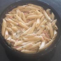 Homemade Pasta Salad · Penne pasta with a sour cream mayonnaise dressing mixed with celery, tomatoes, red onions, a...