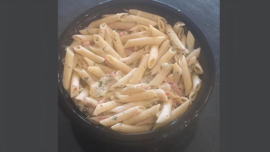 Homemade Pasta Salad · Penne pasta with a sour cream mayonnaise dressing mixed with celery, tomatoes, red onions, and cilantro (12 oz container)
