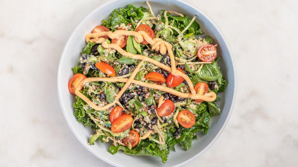 The Power House · Tricolor quinoa, kale, sunflower sprouts, black beans, scallions, cilantro, cherry tomatoes with a honey chipotle aioli and topped with toasted pepitas.