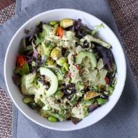 Green Goddess · Lettuce blend, edamame, roasted brussels sprouts, cherry tomato, scallions, cucumber, crushe...