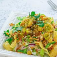 ZUZ. Samosa Salad (Vegan) · Samosas with cabbage, red onion, cilantro, cucumber, jalapeños, mint, sesame seeds, fried ga...