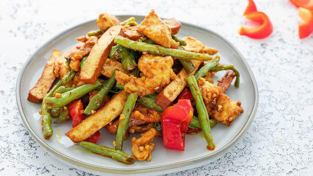 ZU3. Chicken Mix Tofu · Wok fried chicken with tofu, string beans, bell peppers, garlic, ginger, sambal chili, vinegar, basil, in a hoisin and oyster sauce. Gluten-free option available.