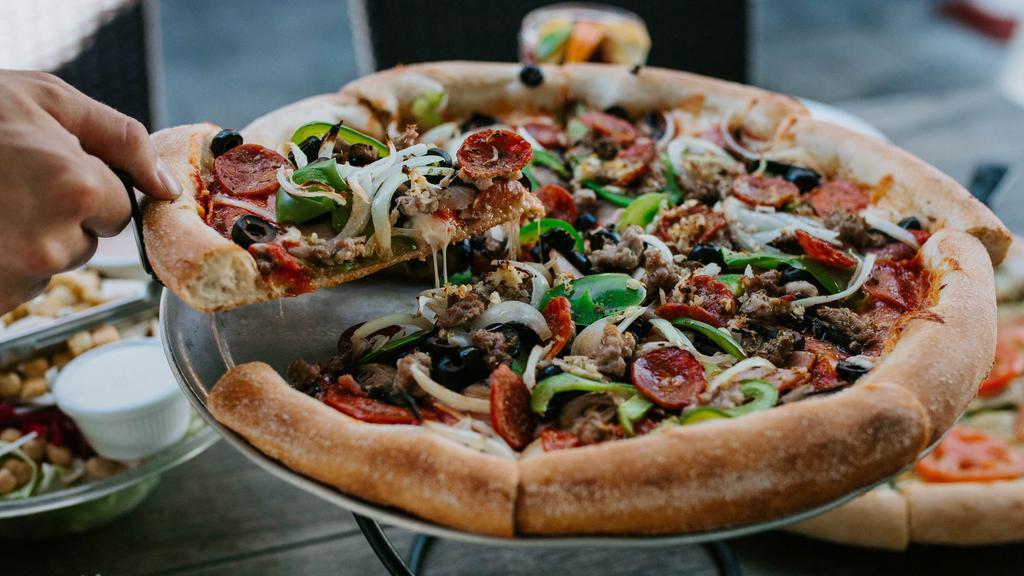 The Prego Pizza · Favorite. Our world-famous labor-inducing masterpiece. It really works! Salami, pepperoni, ham, mushrooms, olives, bell peppers, extra onions, sausage, ground beef, linguisa, extra garlic, Parmesan, and oregano.