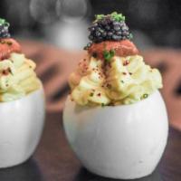 Hoover Ranch Deviled Eggs · Smoked King Salmon