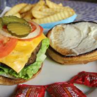 Classic Cheeseburger · House made burger with American cheese, fresh lettuce, tomato, onions and pickles. Served wi...