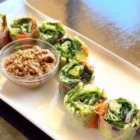 Fresh Roll · Rice paper roll, mixed green, carrots, cucumber, avo. Served with peanut sauce.