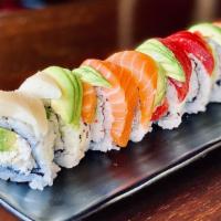 Rainbow Roll · Imitation crab, avocado topped with tuna, salmon, escolar, shrimp, and avocado.