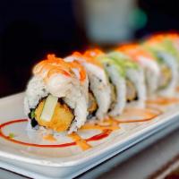 Monster Shrimp Roll · Shrimp tempura, cucumber topped avocado and cooked shrimp.