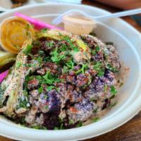Crispy Cauliflower · Purple Heirloom crispy cauliflower, micro greens & served with our signature tahini
