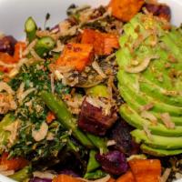 Super Food Bowl · woodfired sweet potatoes, local asparagus, broccolini, spinach, tri-color quinoa, brown rice...
