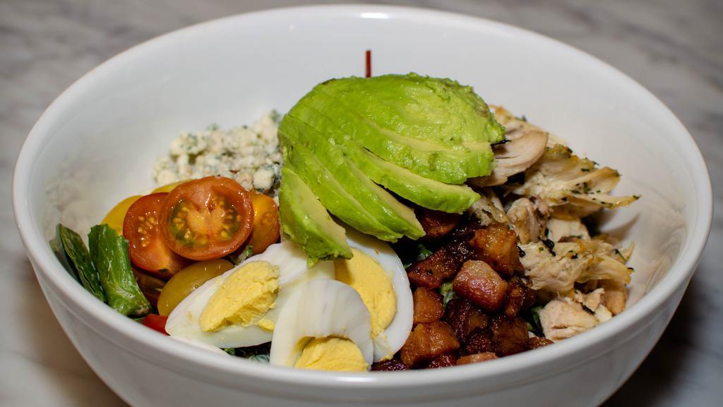 Chicken Cobb Salad · mixed greens, roasted chicken, applewood smoked bacon, hard boiled farm fresh egg, blue cheese, toybox tomatoes, avocado, peppercorn ranch