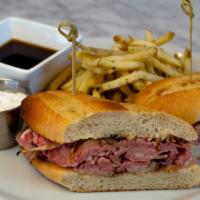 Fabulous French Dip · prime rib, carmelized onion, french bread, au jus, creamy horseradish & chives, fries on the...