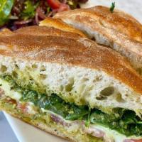 Bufala Caprese Sandwich · Ciabatta Bread, Buffala Mozzarella, Tomatoes, Fresh Basil, Olive Oil drizzle