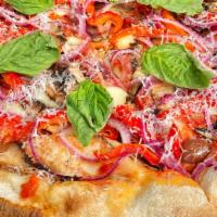 Veggie Pizza · crushed tomato, mozzarella, parmesan, roasted red bell pepper, red onion, kalamata olives, p...