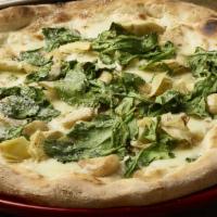 Artichoke and Spinach Pizza · pesto, mozzarella, fire roasted garlic, wild baby arugula, parmesan