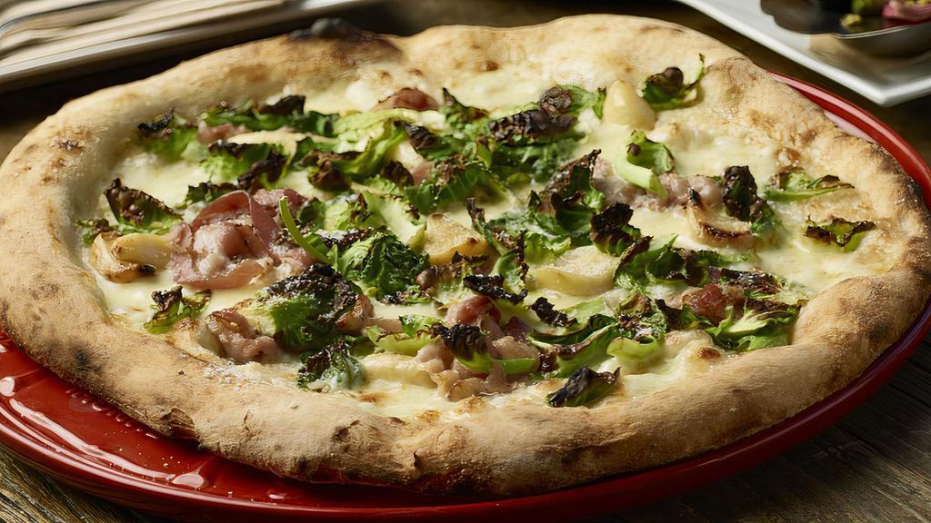 Brussel Sprouts and Smoked Pancetta Pizza · panna, mozzarella, garlic, parmesan