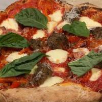 Beef Meatballs and Fire Roasted Peppers Pizza · crushed tomato, mozzarella, parmesan, torn basil