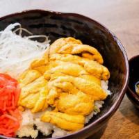 Ikura-Uni (Sea Urchin) Bowl · 4 oz Fresh Uni and Ikura with Rice (Miso Soup Included)