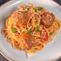 Spaghetti with Meatball · Homemade bolognese , meatballs and savory spices.