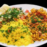 Chicken Shawarma Plate · Served with rice and salad.