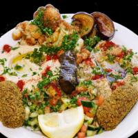 Vegetarian Combo Plater · Served with rice and salad. Hummus, Baba Ghanoush, Arabic salad, Fried eggplant and cauliflo...