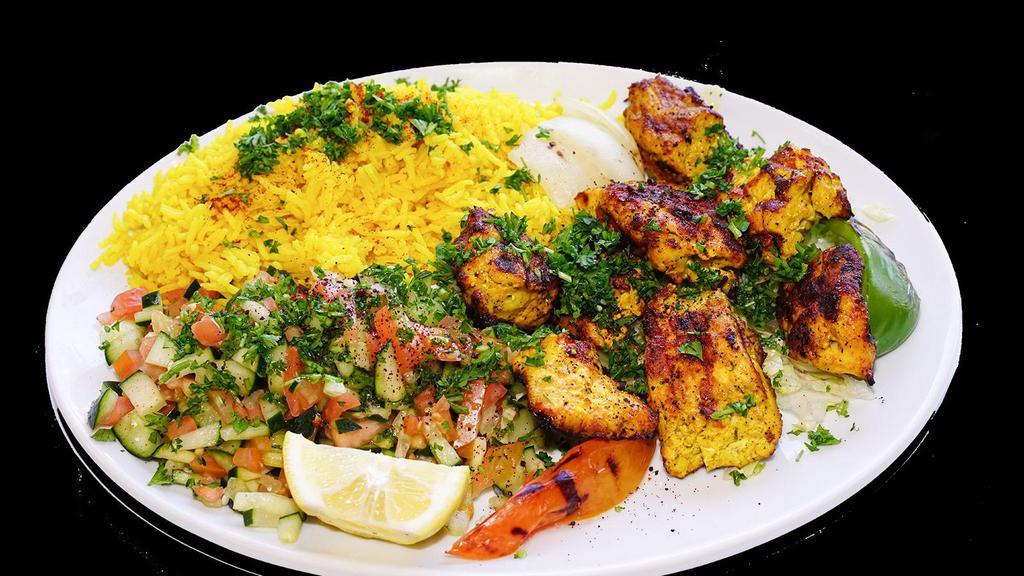 Chicken Kabob Plate · Served with rice and salad.