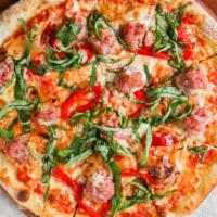 Sausage · San marzano tomato, mozzarella, fresh sausage, caramelized onions, roasted red peppers, and ...