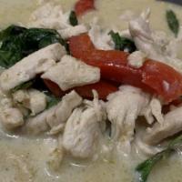 38. Green Curry Chicken · Medium. Green curry chicken simmered in green curry sauce, coconut milk, eggplant, Thai basi...