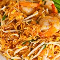86. Pad Thai Noodles · Medium spicy, Thin rice noodles pan fried with egg, chili powder,  green onions, bean sprout...