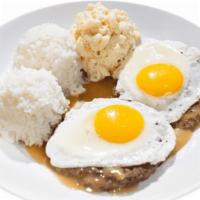 13. Loco Moco · Savory homemade hamburger patties over rice and covered with brown gravy, topped with eggs. ...