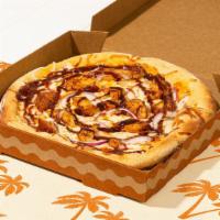 Bbq Chicken Pizza · BBQ chicken, BBQ sauce, and red onion with tomato sauce and fresh mozzarella.