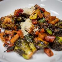 Fried Brussels Sprouts · crispy bacon, calabrian chili aioli, agave, candied fresno, parmigiano
