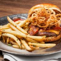 Cowboy Burger · Shoestring onions, bacon, cheddar, and beer barbeque sauce.