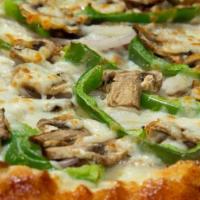 Small Philly Cheesesteak · 12 Inch philly cheesesteak pizza- american cheese,philly steak, onions, mushrooms, green pep...