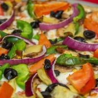 11. Veggie Deluxe Pizza · Homemade tomato sauce, Shredded Whole Milk Mozzarella Cheese, Fresh Mushrooms, Black Olives,...