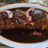 Mole Burrito  · With rice and whole beans. Best mole in 40 years. Chicken or pork in a mole poblano with pic...