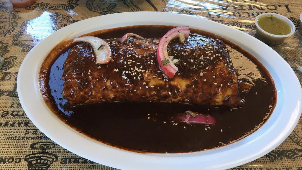 Mole Burrito  · With rice and whole beans. Best mole in 40 years. Chicken or pork in a mole poblano with pickled onions.