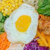Kimchi BibimBap (Gluten Free / Vegan) · stir-fried kimchi and veggies with your choice of base, toppings, and sauce