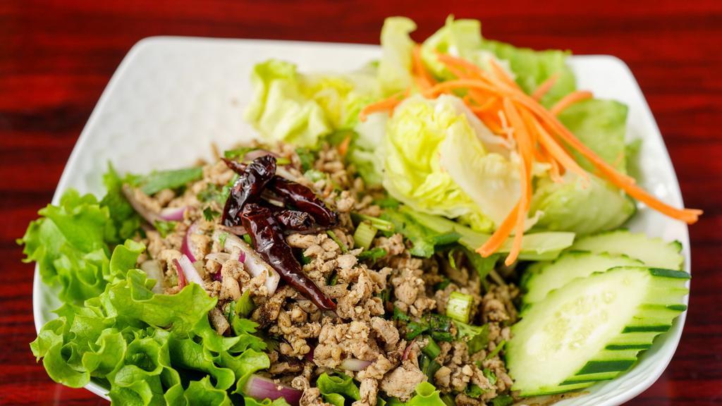 18. Larb · Hot. Choice of ground chicken, beef or pork mixed with red onions, mint cilantro, lime juice and ground roasted rice.
