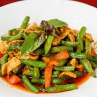 78. Prig King (A la Carte) · Hot. Sautéed green beans, chili paste, red bell peppers, and basil with choice of chicken, b...